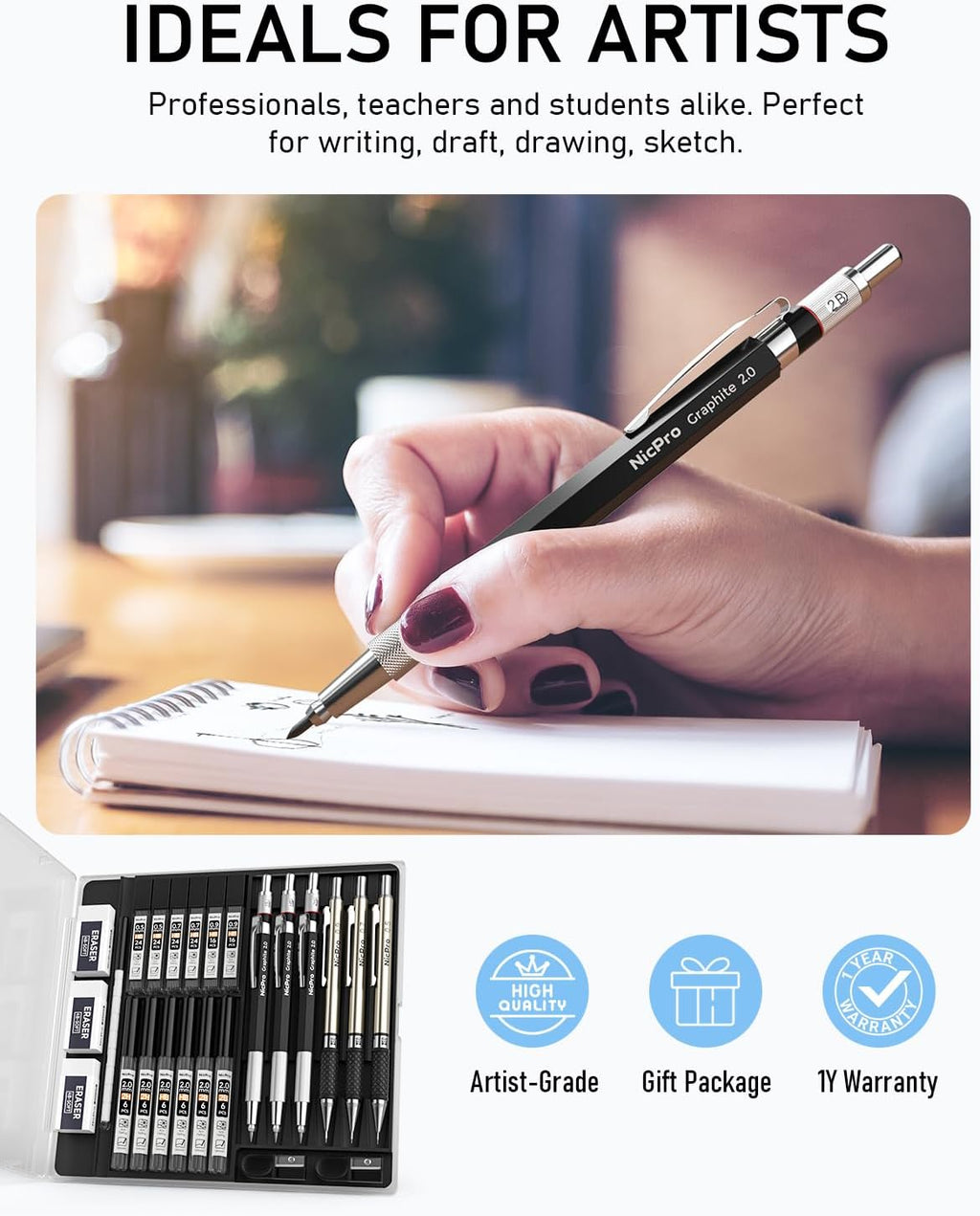 6PCS Art Mechanical Pencil Set, 3PCS Metal Drafting Pencil 0.5 mm & 0.7 mm & 0.9 mm & 3PCS 2mm Graphite Lead Holder
