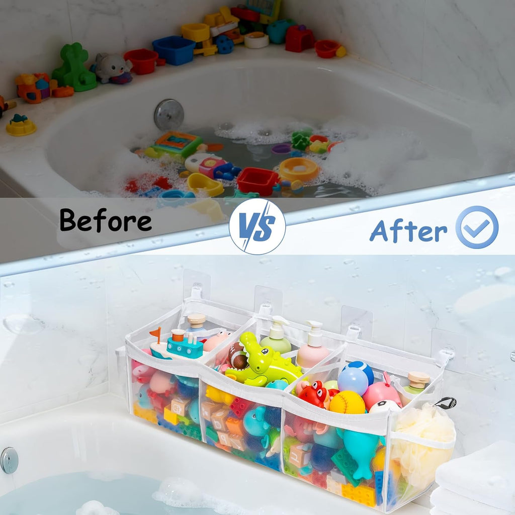 Extra Large Bath Toy Organizer with 3 Compartments and Multiple Pockets, Quick-Dry Mesh Bathtub Storage for Kids' Toys