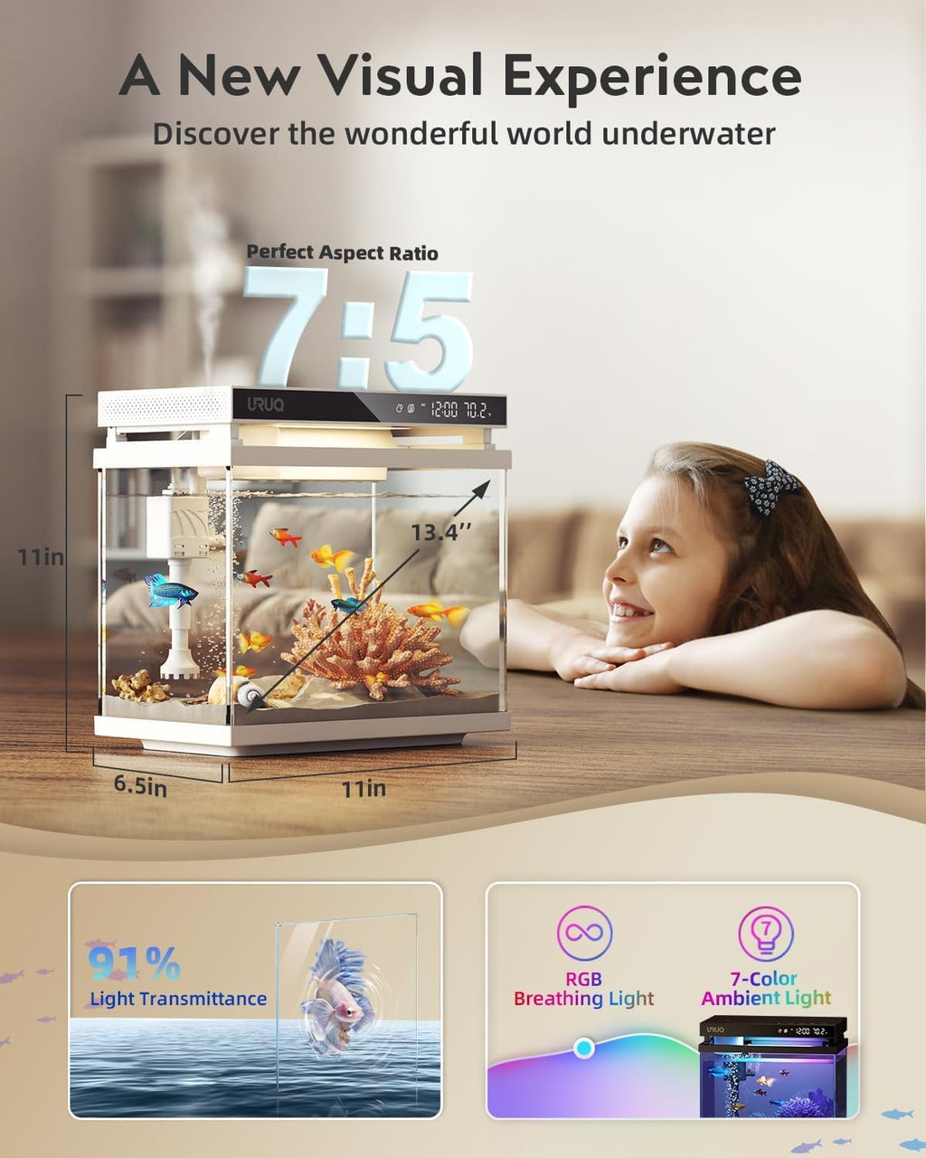 Fish Tank Smart Aquarium Kit 2 Gal UHD Glass Aroma Diffuser - White