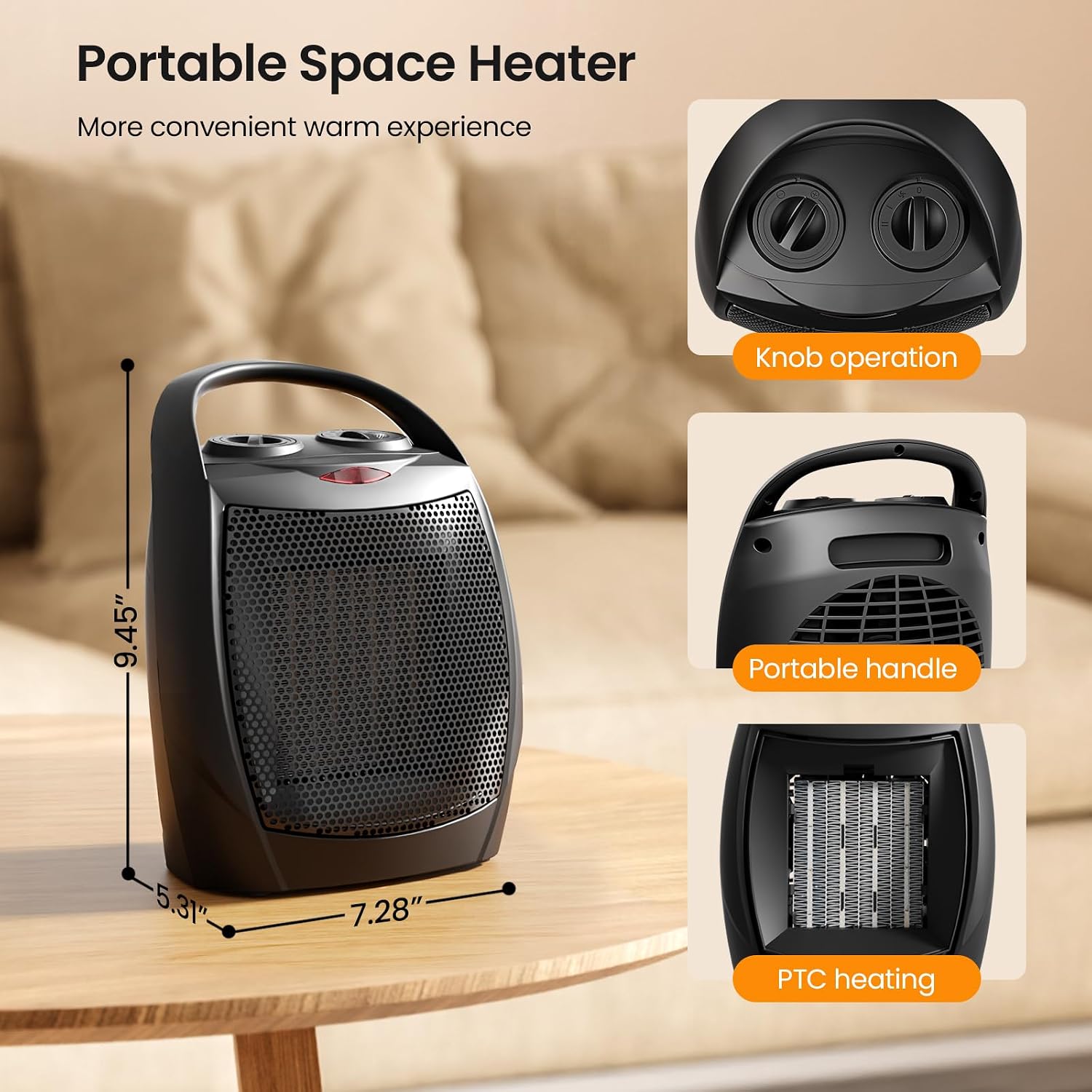 Small Electric Space Heater Ceramic Space Heater,Portable Heater Fan for Office with Adjustable Thermostat and