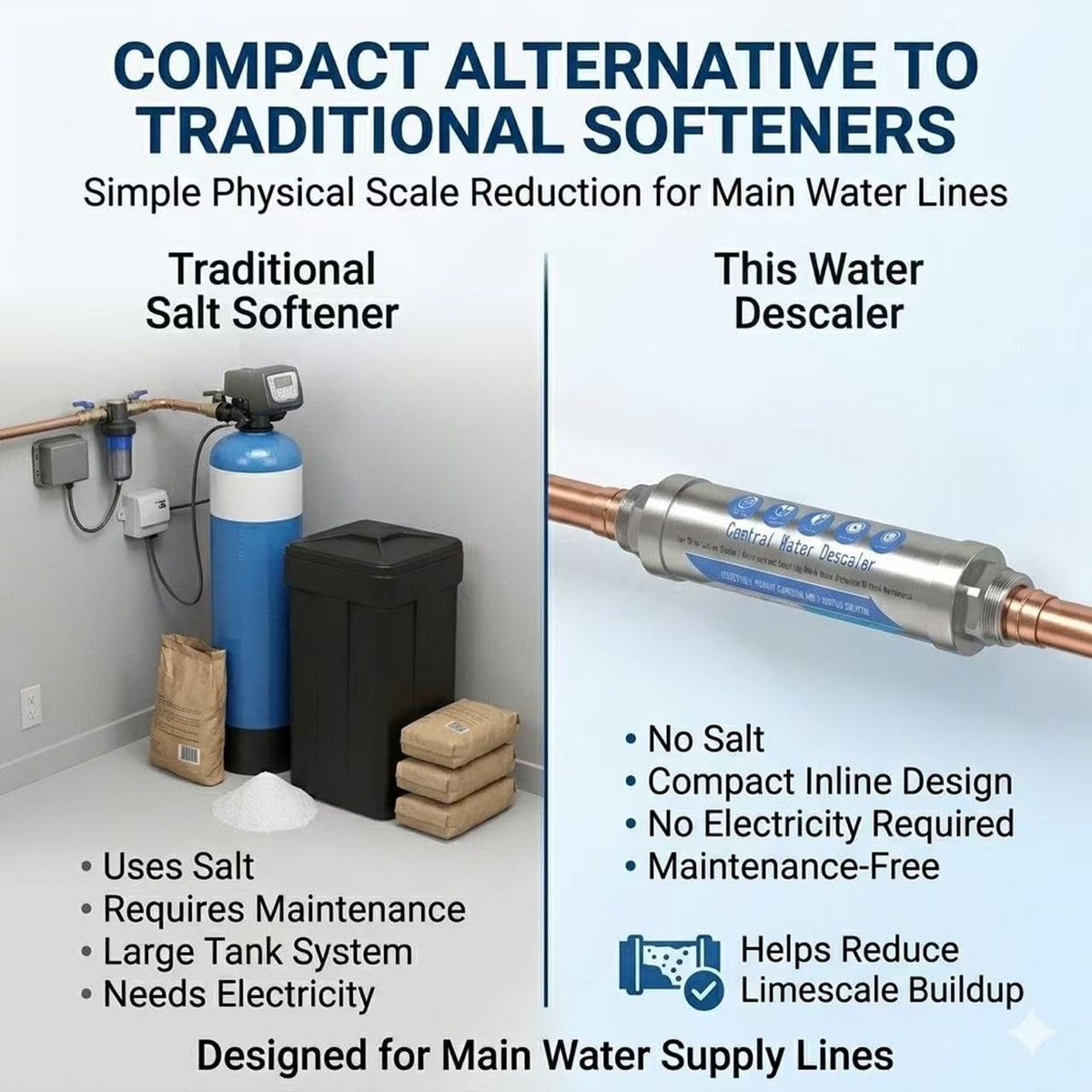 Whole House Water Descaler 3/4" NPT – Salt Free Water Conditioner for Main Water Line, Physical Scale Inhibitor Helps