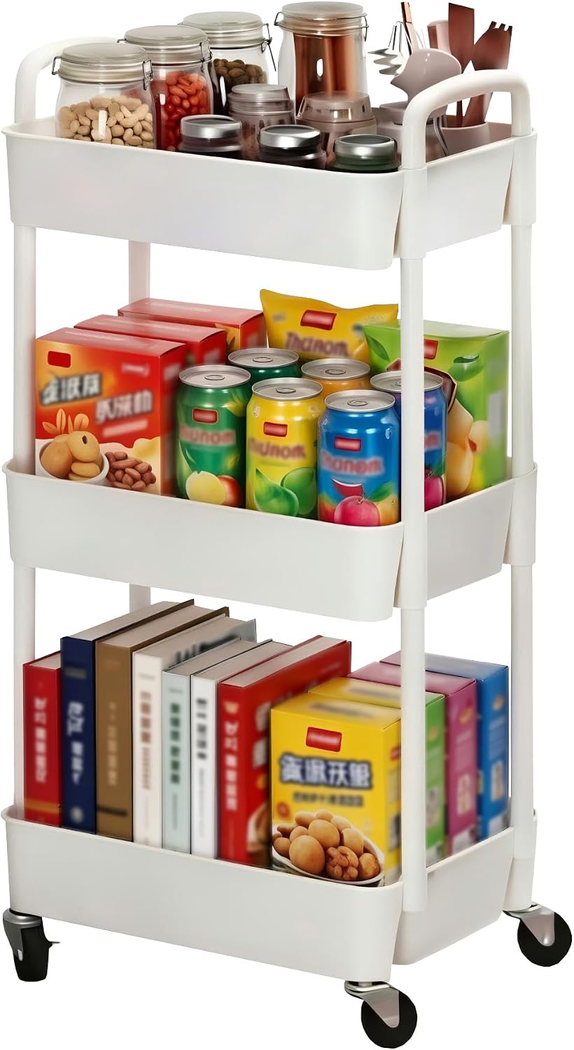 3-Tier Plastic Rolling Utility Cart with Wheels for Storage,White