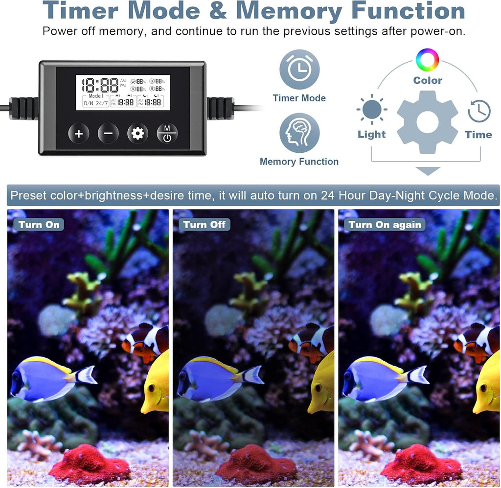LED Aquarium Light Full Spectrum Fish Tank Light with RGB Brightness/Color Stepless Adjustment, 24/7 Day-Night Cycle