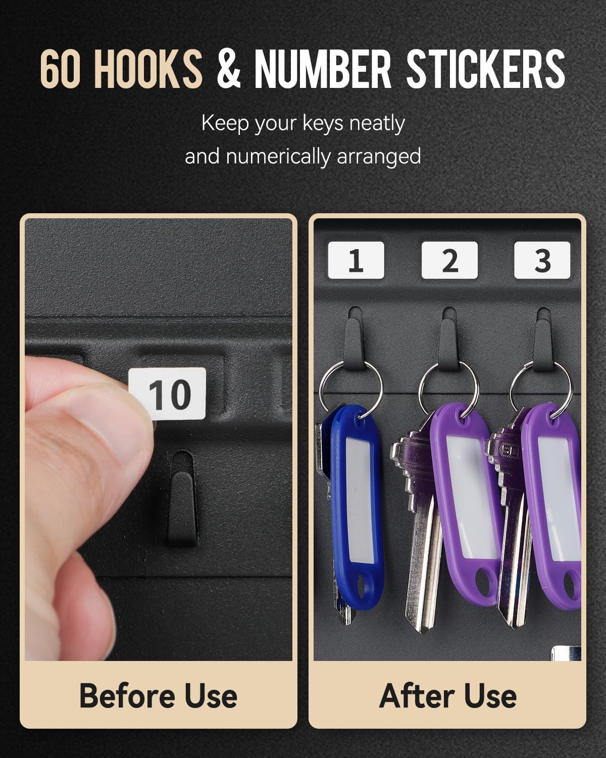 60 Position Key Cabinet with Key Lock Wall Mounted Black Security Storage Box Steel Key Organizer with Colorful Key