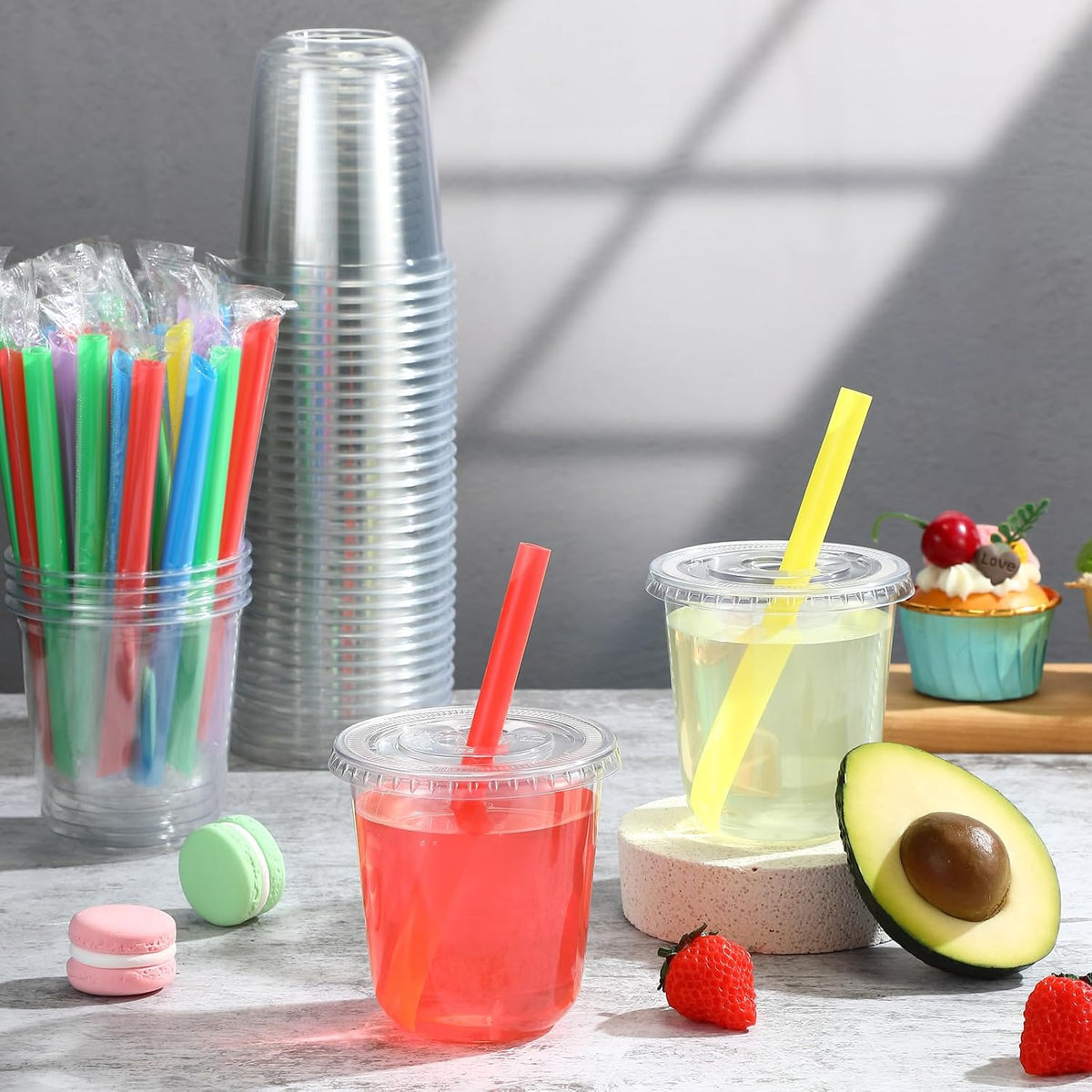 50 Sets 12 Oz Plastic Cups with Lids and Jumbo Straws, Multicolor