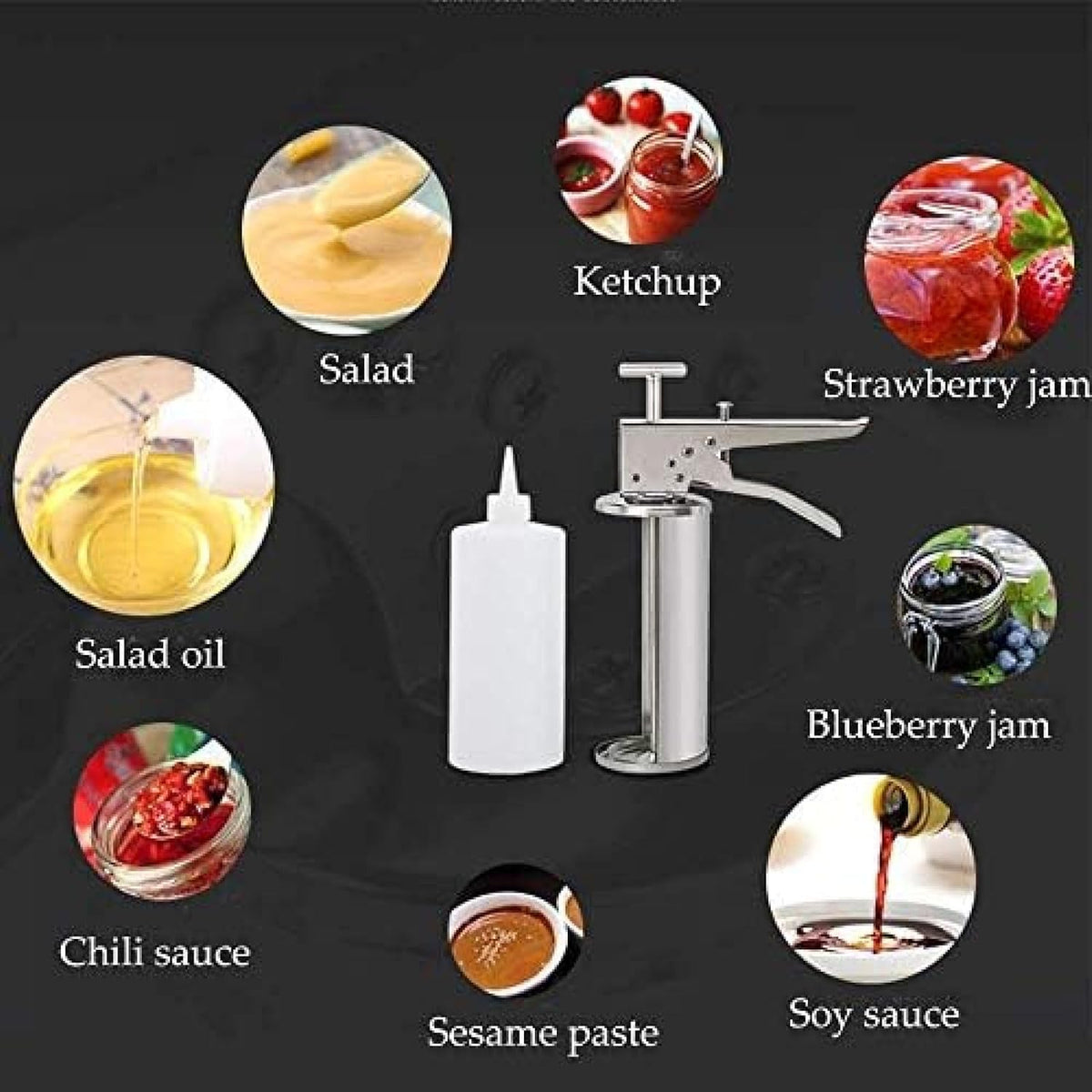 Burger Sauce Gun, Adjustable Stainless Steel Dressing Dispenser with Squeeze Bottles for Sauces