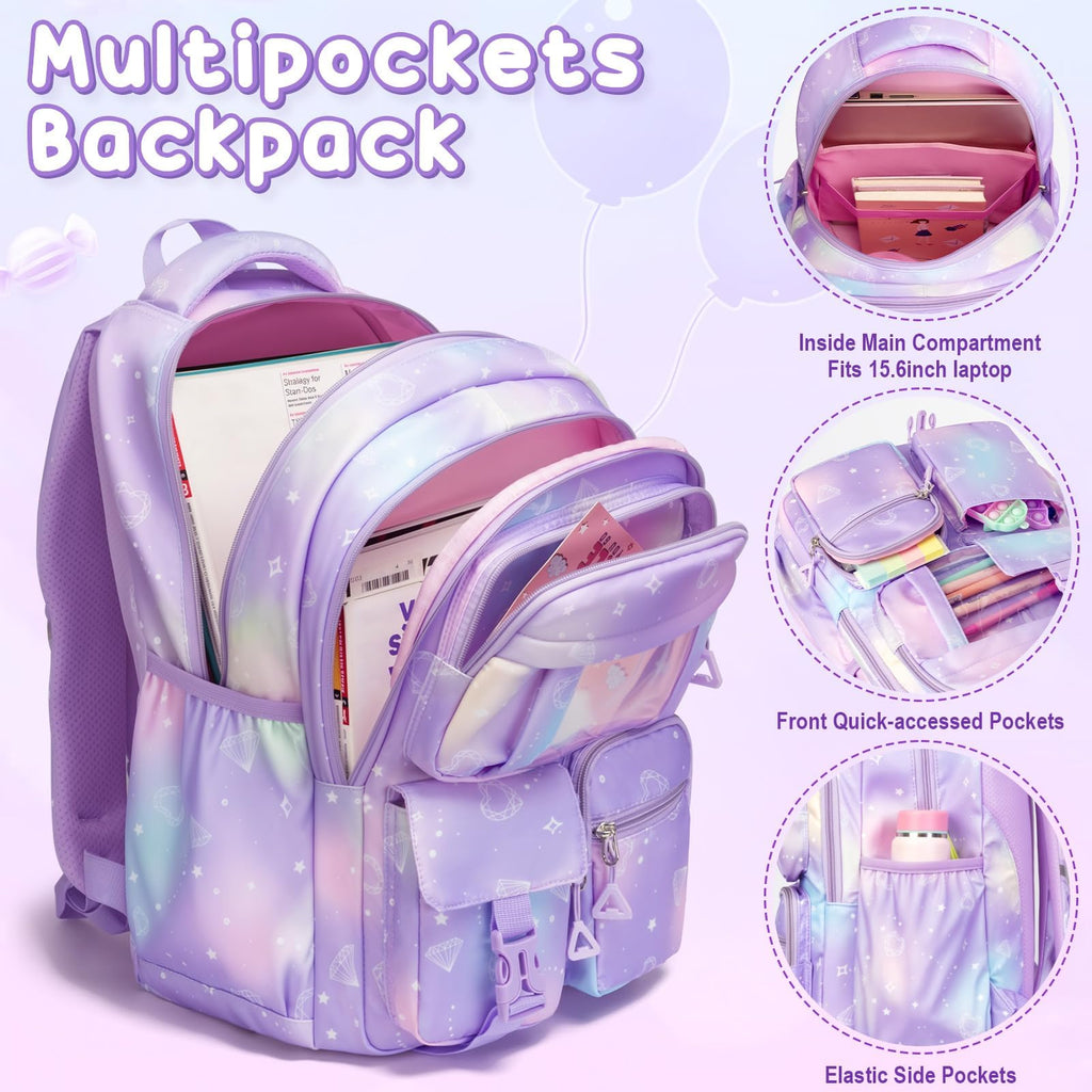 Kids Backpack for School Girls, Waterproof Backpack w/Lunch Box