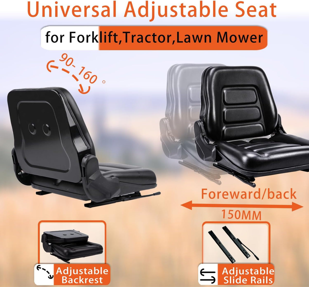 Universal Forklift seat, Tractor Seat with 160° Adjustable Backrest & Slides& Micro Switch, High-Density Foam