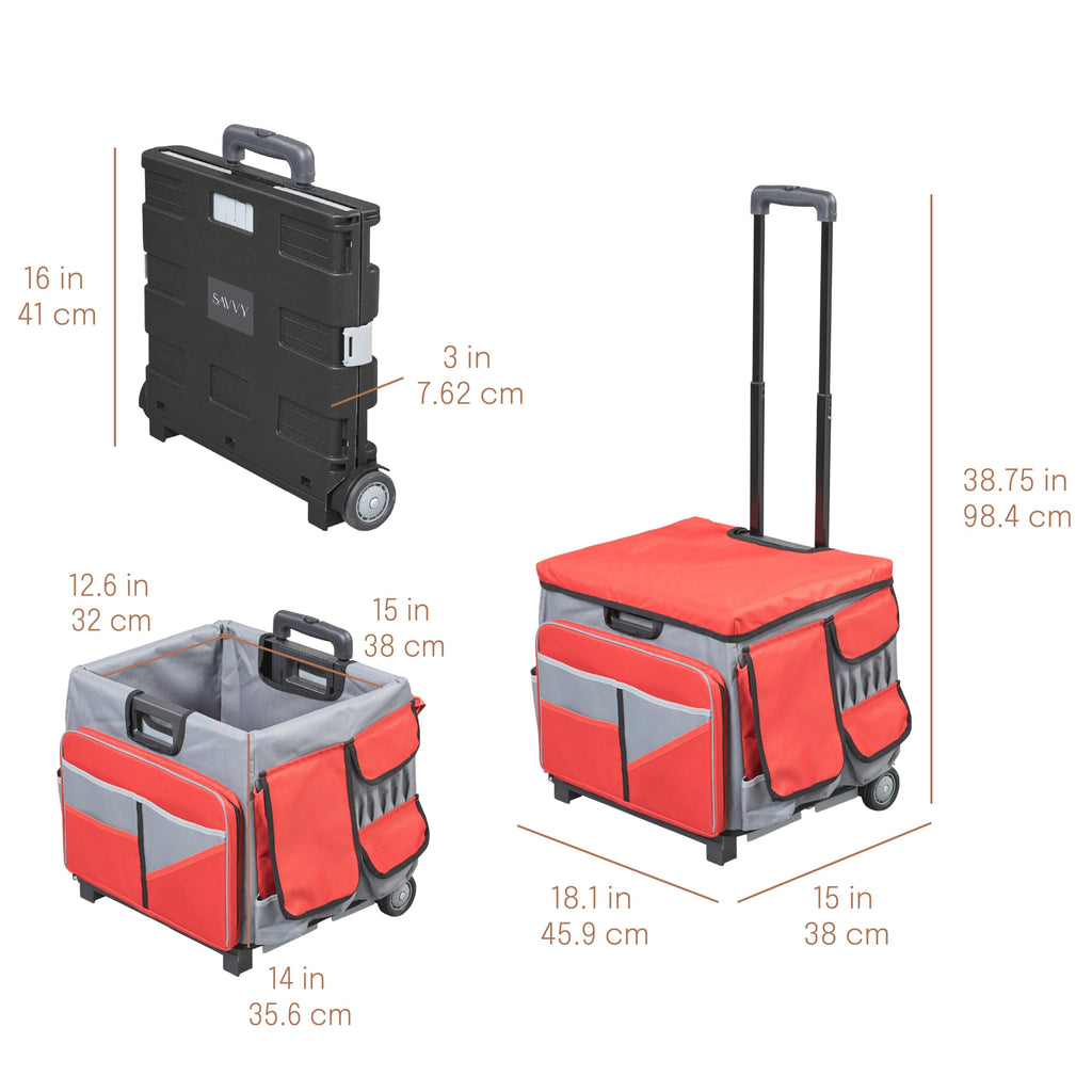 Folding Mobile Utility Cart, Canvas Organizer Bag, Red/Grey