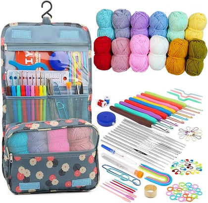 118Pcs Crochet Kit for Beginners, Premium Knitting & Crochet Supplies Set with 12 Yarn Spools, 21 Crochet Hooks, 6