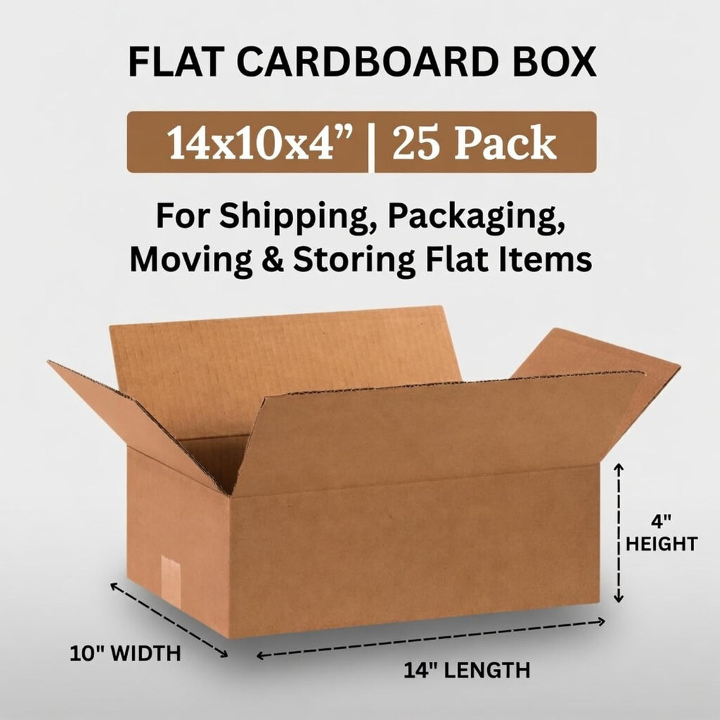 Flat Shipping Boxes 14"L x 10"W x 4"H (25-Pack) | Corrugated Cardboard Single-Wall Kraft Boxes for Moving, Packing
