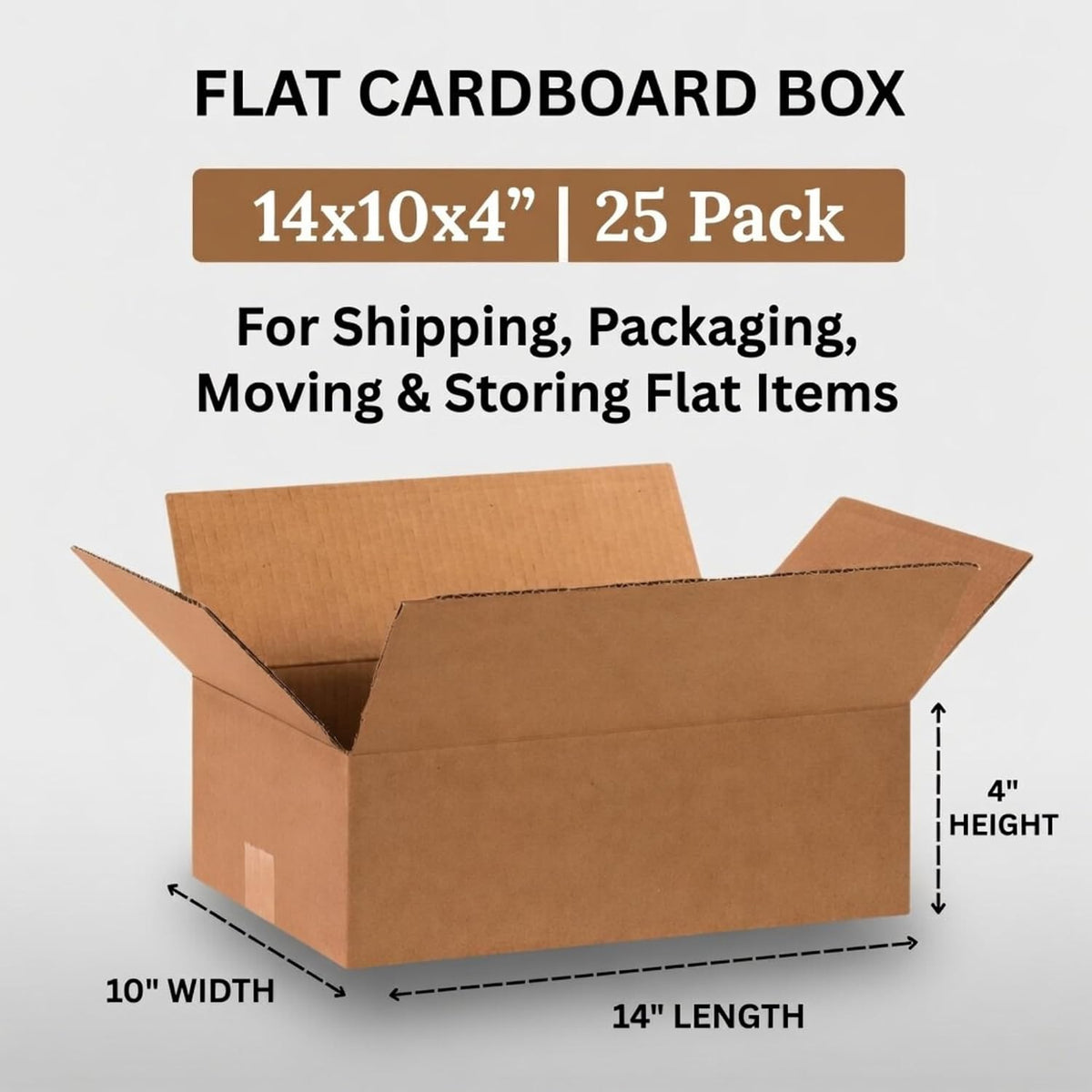 Flat Shipping Boxes 14"L x 10"W x 4"H (25-Pack) | Corrugated Cardboard Single-Wall Kraft Boxes for Moving, Packing
