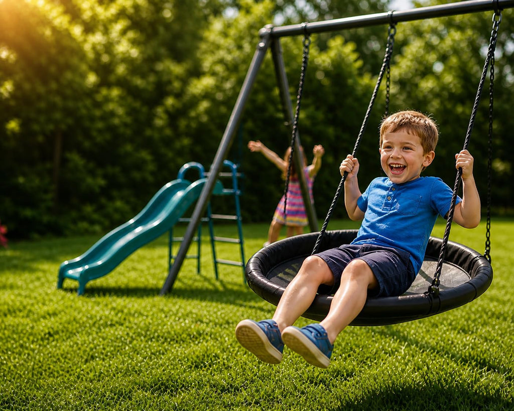 Water Slide Swing Set with 6 Ft Water Tarp, Disc Swing, 2 Sling Swings, 3-Seat Merry Go Round with Adjustable Heavy