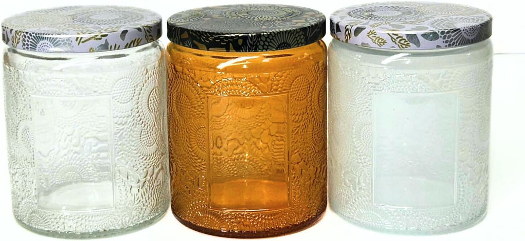 9oz/250ml Embossed Candle Jars – 6 Pack Empty Glass Containers with Tin Lids, Sticker & Warning Labels for Candle