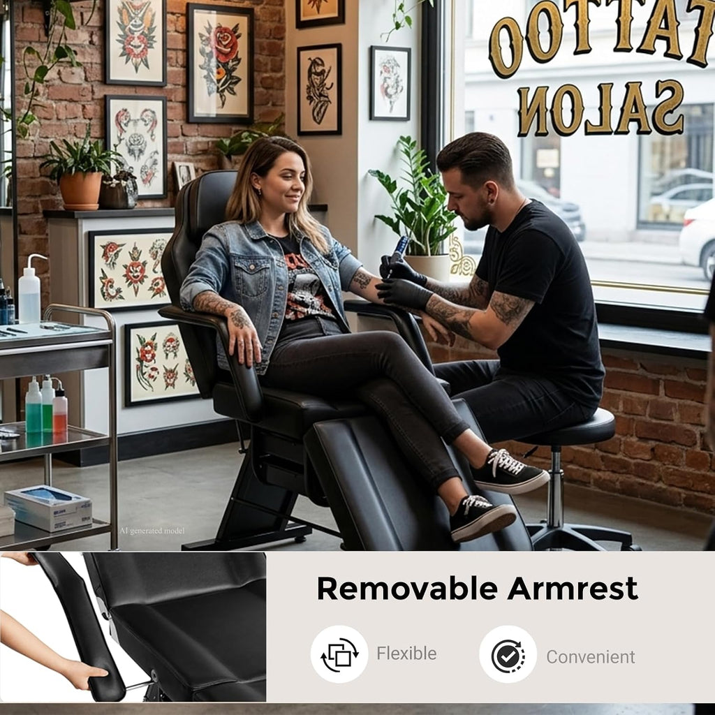 Tattoo Chair for Client, 3-Section Adjustable Facial Esthetician Bed Table with Hydraulic Stool, Multi-Purpose Spa