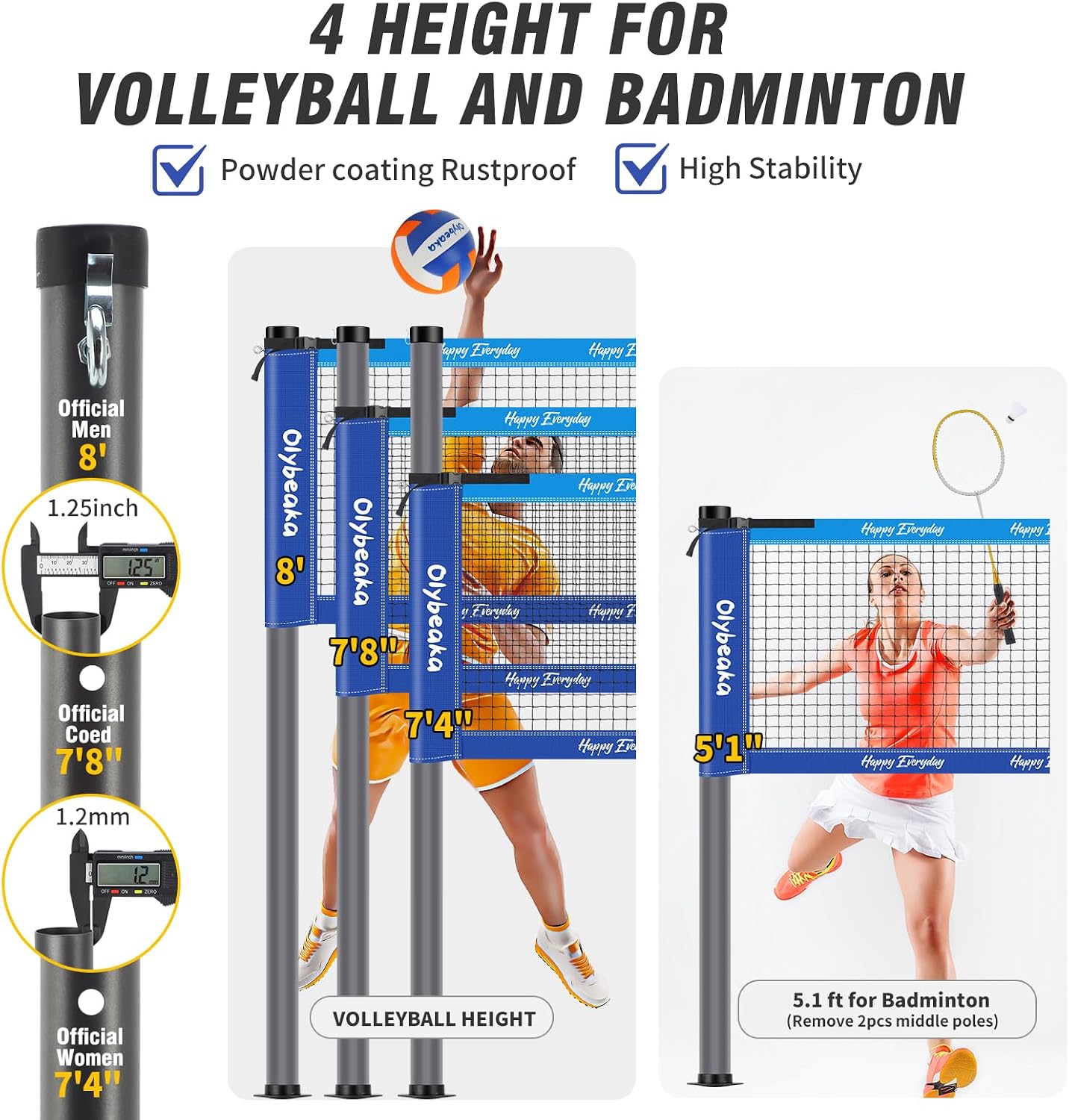 32FT Badminton Volleyball Combo Net Set System for Backyard Lawn Beach | with 4 Height Adjustable 1.25" Poles