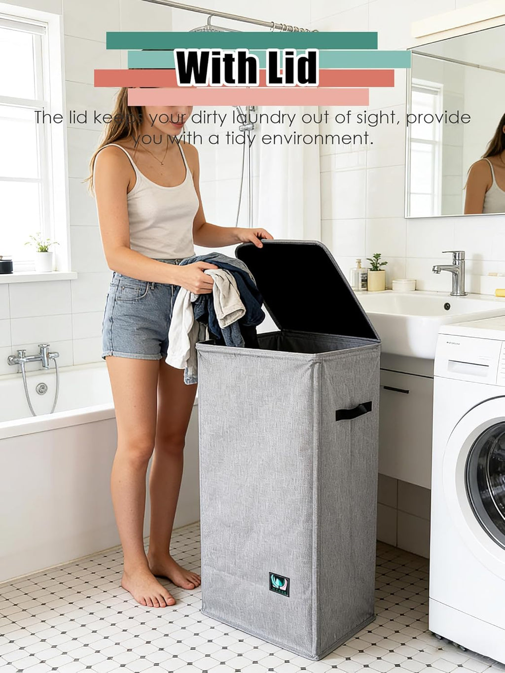 Laundry Hamper with Lid, Reinforced Sturdy Clothes Hamper with Anti-Puncture Base, Large Collapsible Laundry Basket