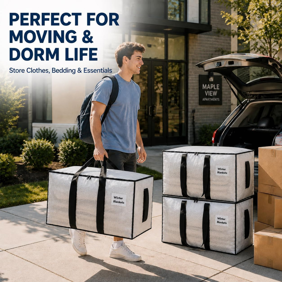 Moving Bags with Handles, 4 Pack Large Storage Bags for Moving, Heavy Duty PP Clothes Storage Bags with Zipper