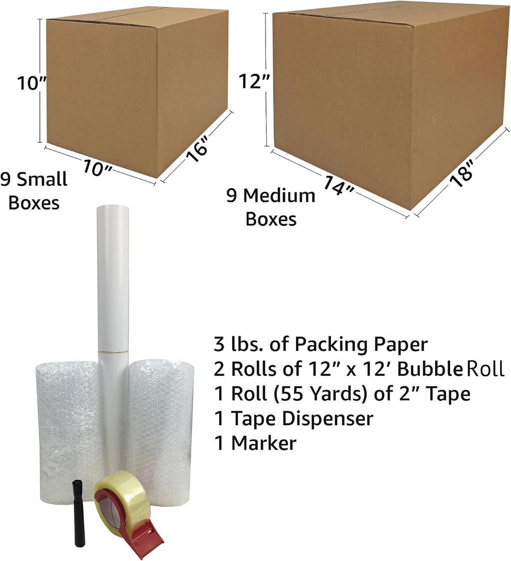 Basic Moving Boxes Kit #1, 1 to 2 Bedroom Kit, 18 Boxes