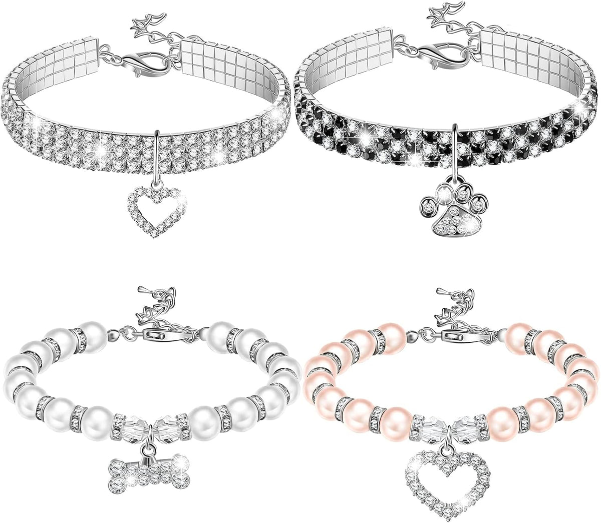 4 Pcs Pearl Dog Collar, Adjustable Rhinestone, Small, Paw Style