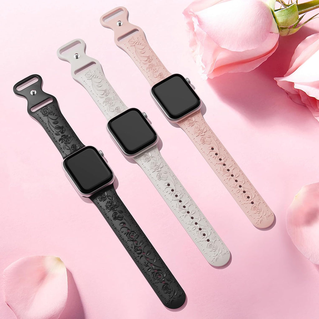 Floral Engraved Band Compatible with Apple Watch Band 40mm 41mm 38mm 42mm 44mm 45mm 46mm 49mm Women, Soft Silicone