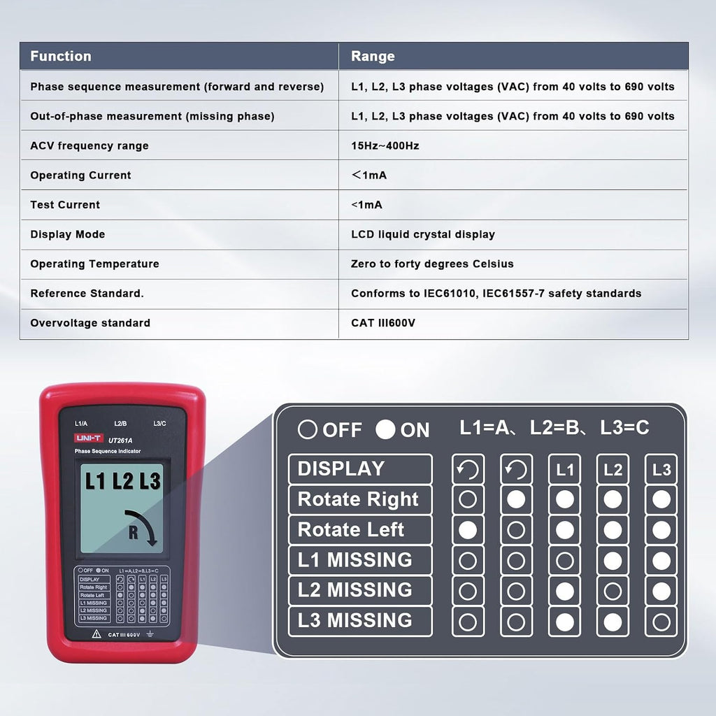 UNI-T AC 3-Phase Rotation Meter Sequence Tester 40-690V