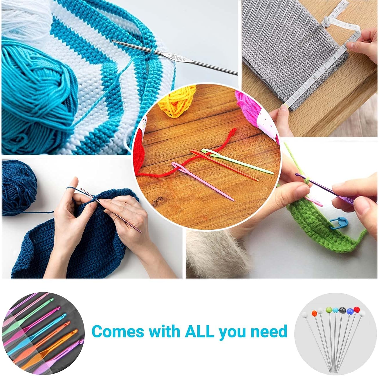 100 Pcs Crochet Hook Set with Yarn Knitting Needles Sewing Tools Full Set Knit Gauge Scissors Stitch Holders