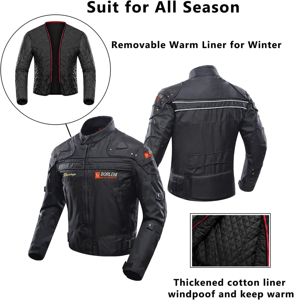 BORLEN Motorcycle Jacket for Men with Armor CE Certified Riding Jacket | Windproof Biker Riding Jacket with Full Body