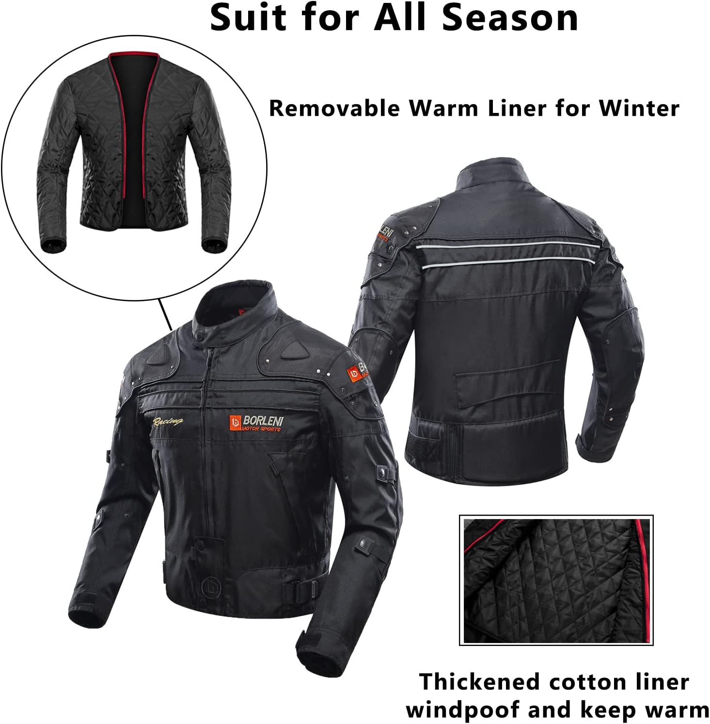 BORLEN Motorcycle Jacket for Men with Armor CE Certified Riding Jacket | Windproof Biker Riding Jacket with Full Body