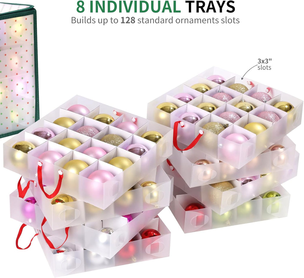 Portable Waterproof Christmas Ornament Storage Box, Large Capacity 128 Slots for 3-Inch Ornaments, Double-Sided Trays