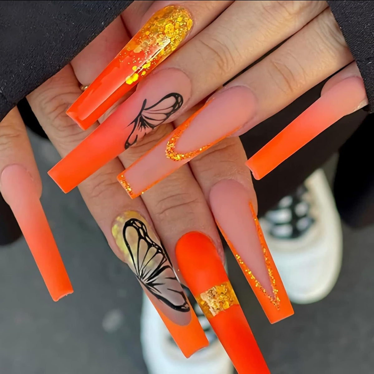 Long Coffin Press on Nails - Orange Fake Nails, Butterfly Summer Design Full Cover, Matte Acrylic Glue on Nails 24Pcs