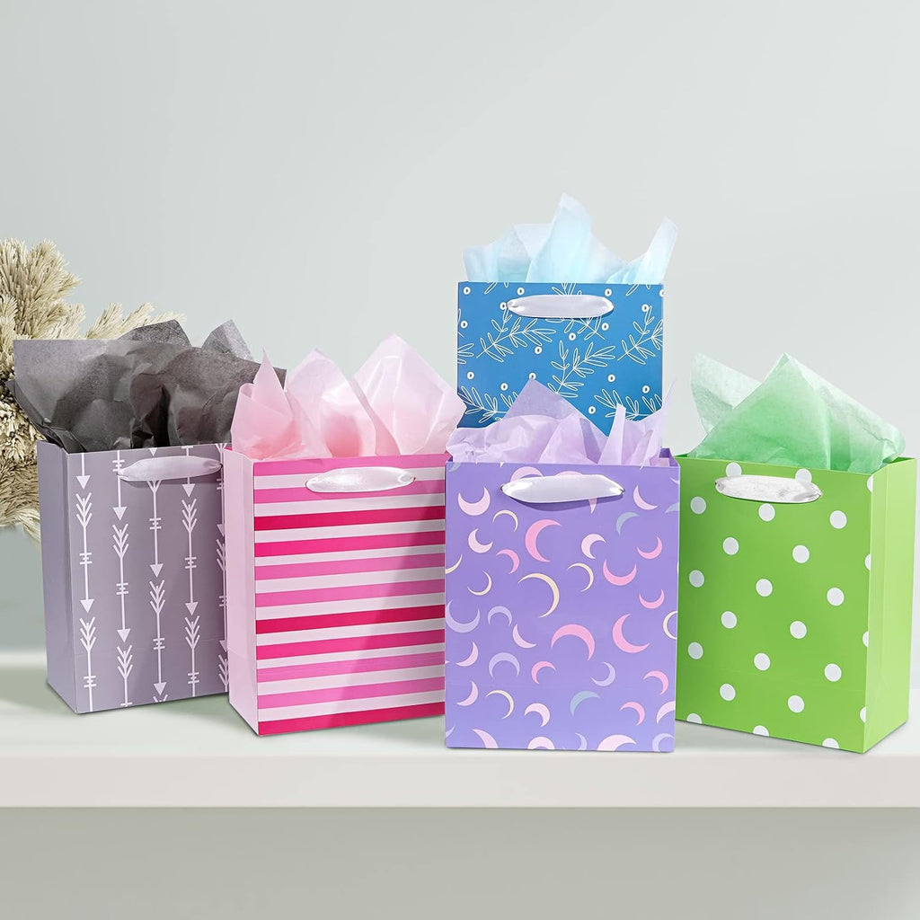 12 Pack Gift Bags Assorted Sizes and Designs with Tissue Paper