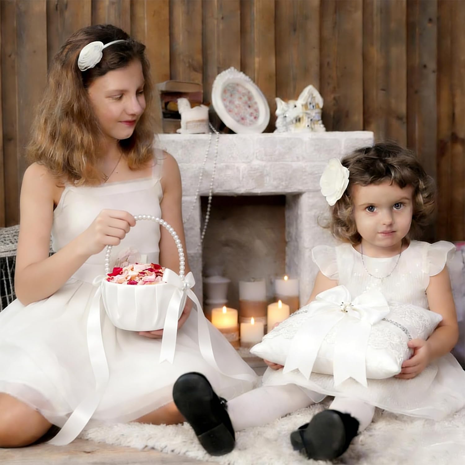 2 Flower Girl Baskets and Ring Bearer Pillows Set, Pearl Handle,Ivory Fariy