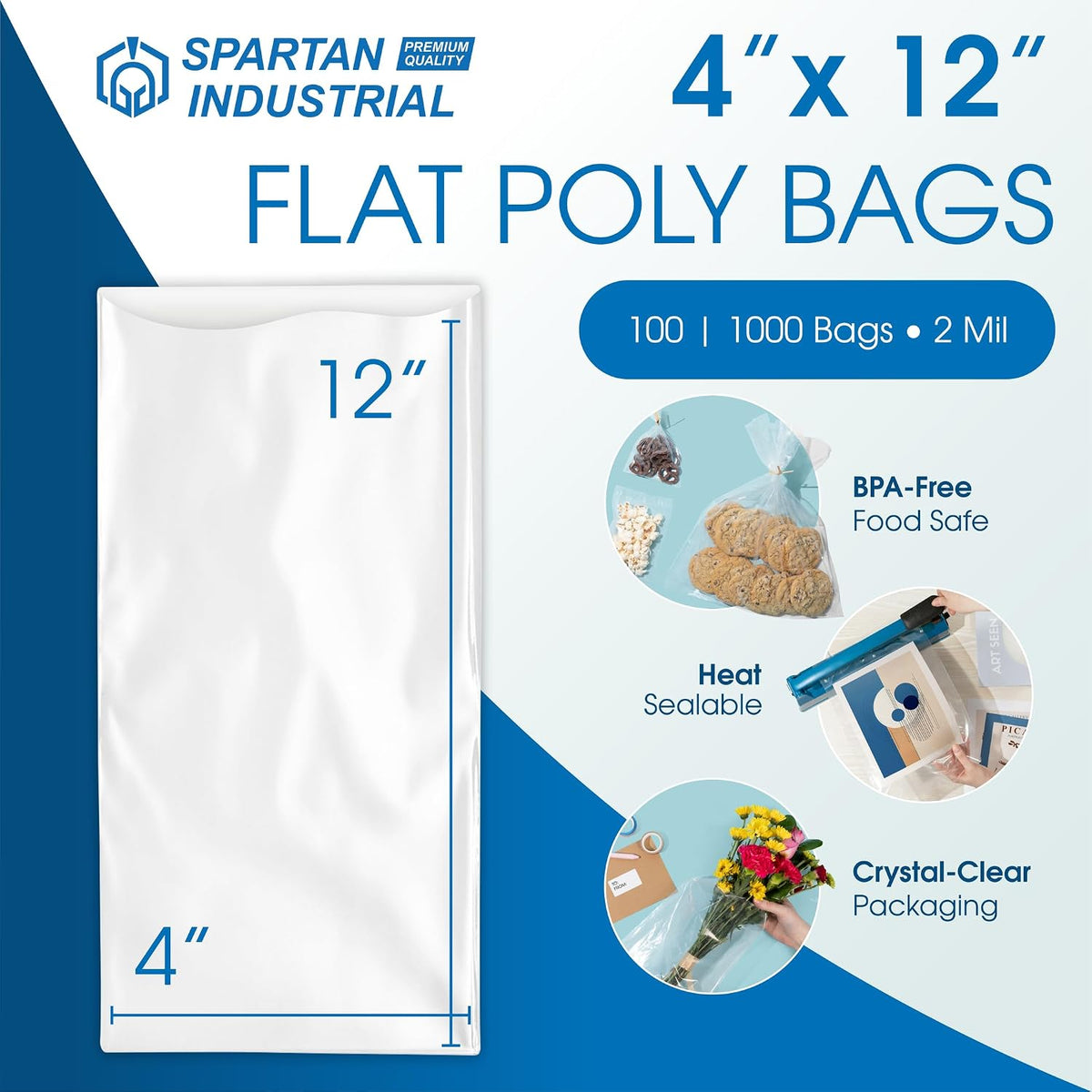 4x12 Plastic Bags, 1000 Count - Open-End Flat 2 Mil, Spartan Industrial