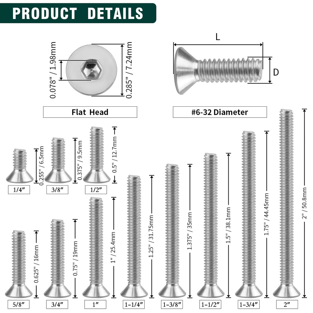 #6-32 x 1 Flat Socket Head Cap Screws, 304 Stainless Steel 18-8, Full Thread, Countersunk Hex Drive Machine Screws, 100-pack