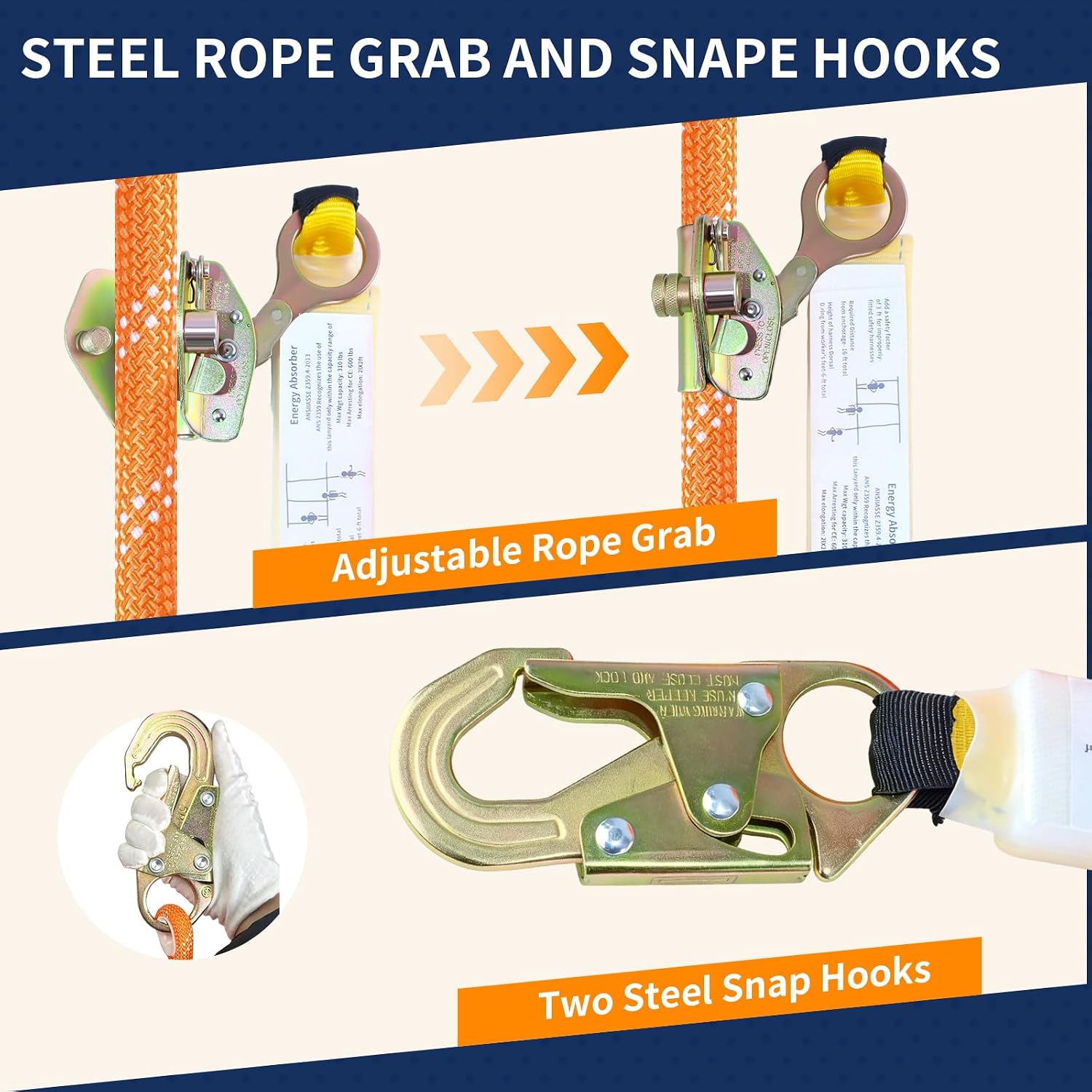 50FT Fall Protection Safety Rope, Heavy Duty Vertical Roofing Rope | Rope Harness Safety Lanyard with Grab Snap Hooks