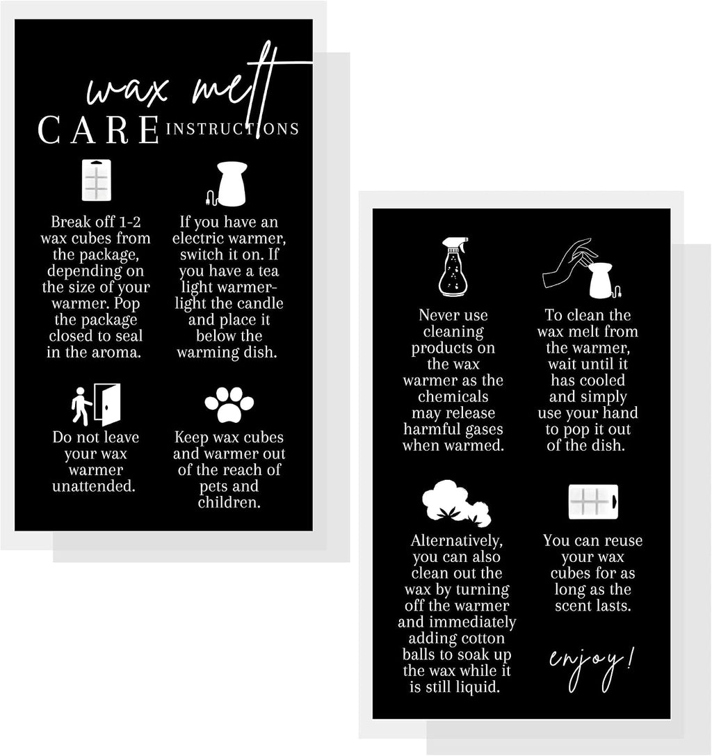 Wax Melt Instruction Cards | 50 pk 2 x 3.5” Wax Melt Supplies Homemade Customer Thank You How To Care for wax cube