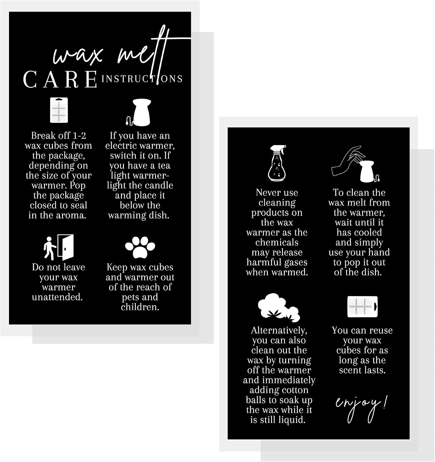Wax Melt Instruction Cards | 50 pk 2 x 3.5” Wax Melt Supplies Homemade Customer Thank You How To Care for wax cube