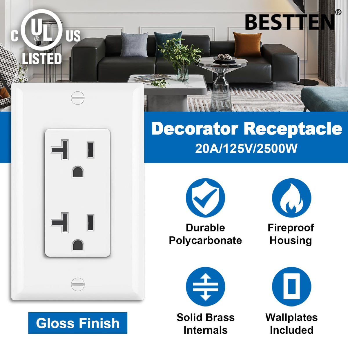 BESTTEN 20 Pack 20 Amp Decorator Receptacle, Electrical Wall Outlet