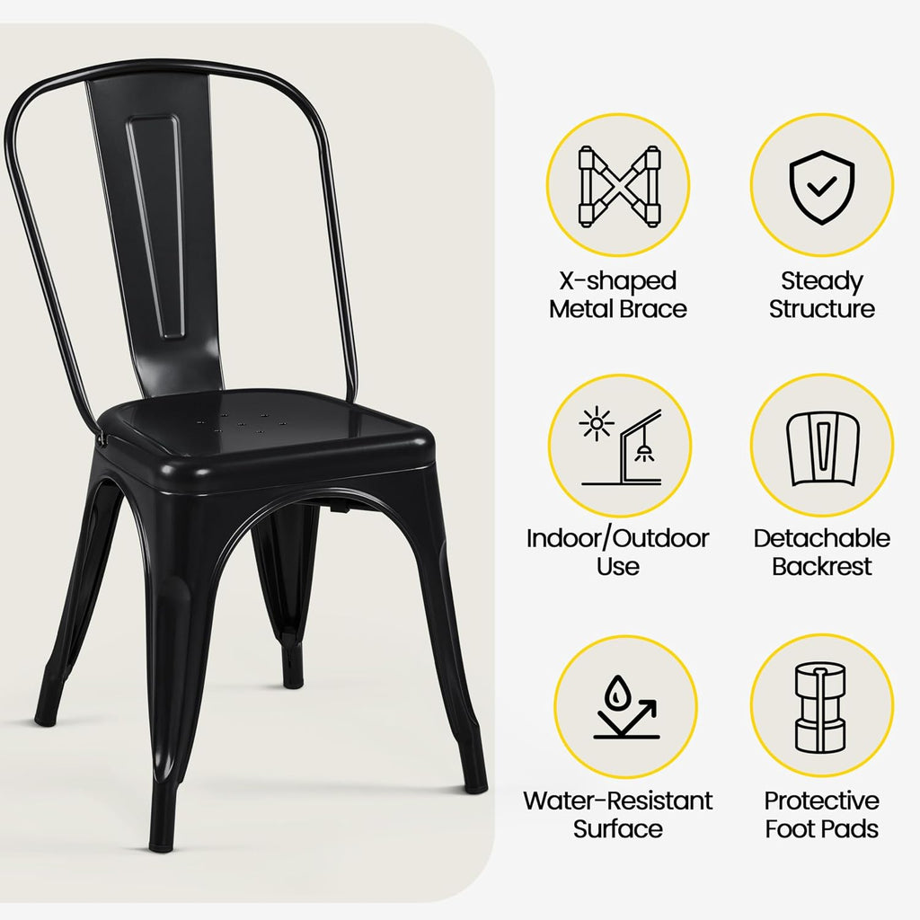 Metal Chairs Set of 4, Stackable Dining Chairs with Back, Black