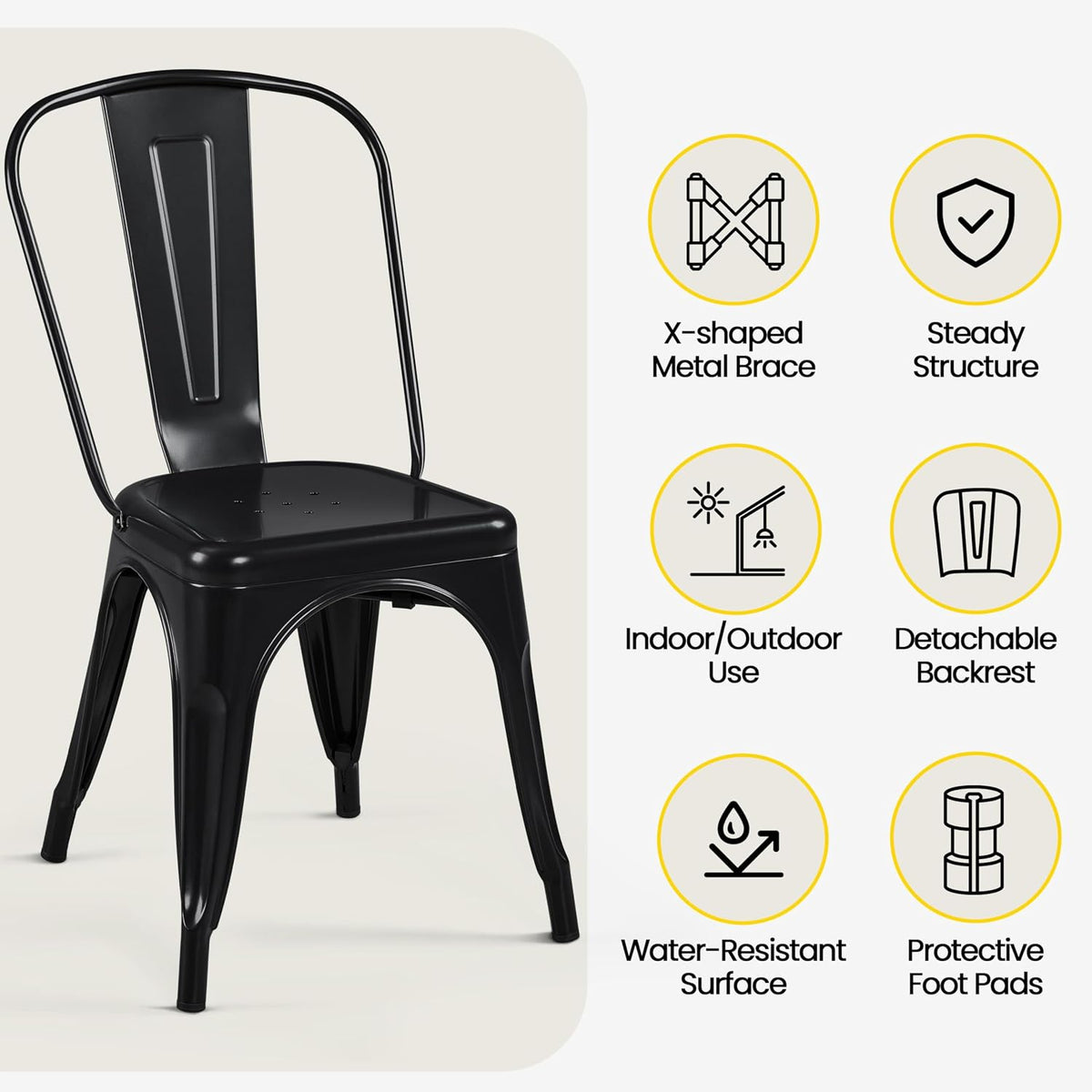 Metal Chairs Set of 4, Stackable Dining Chairs with Back, Black