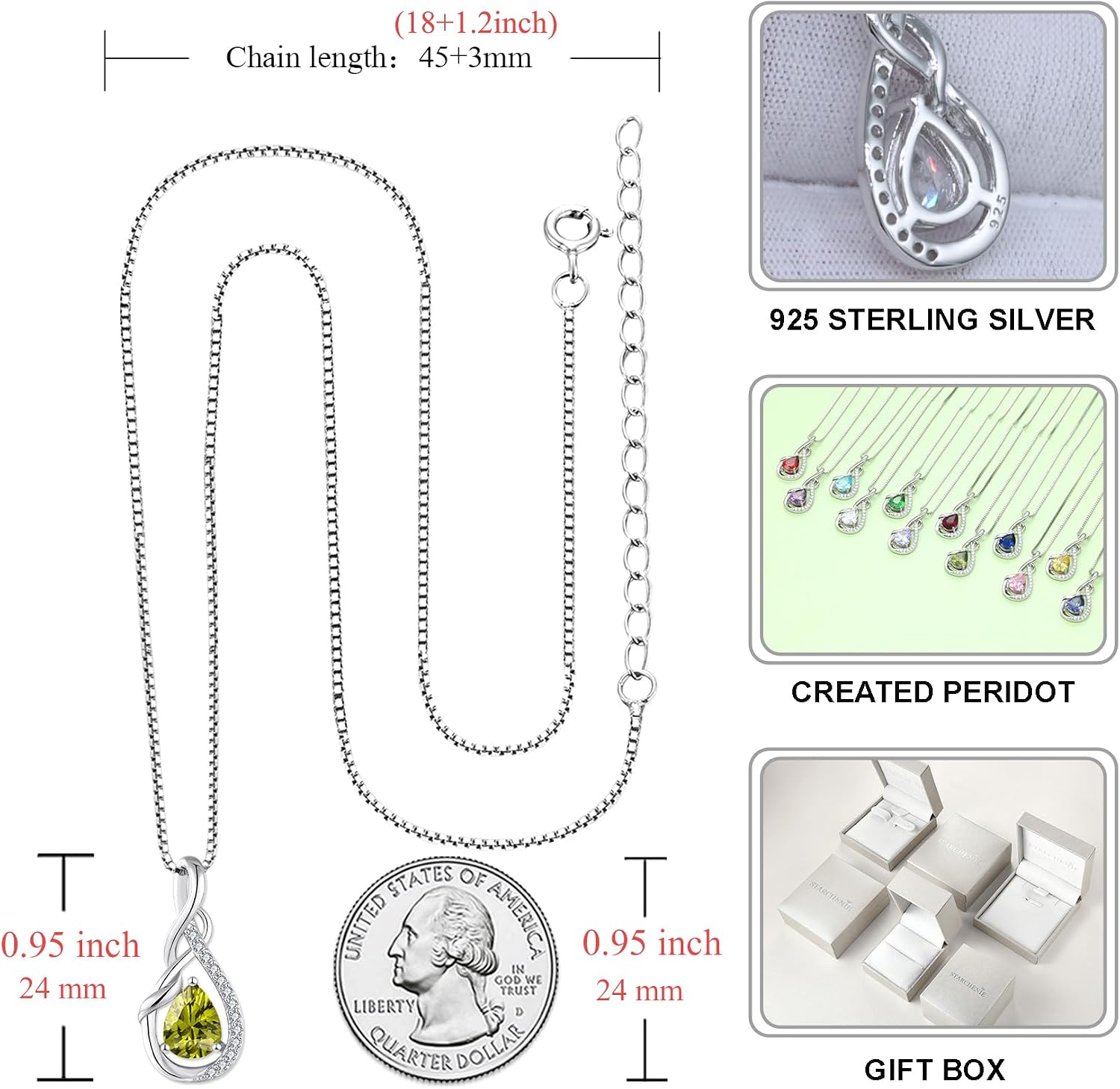 Infinity Teardrop Pendant Necklace for Women 925 Sterling Silver Birthstone Jewelry
