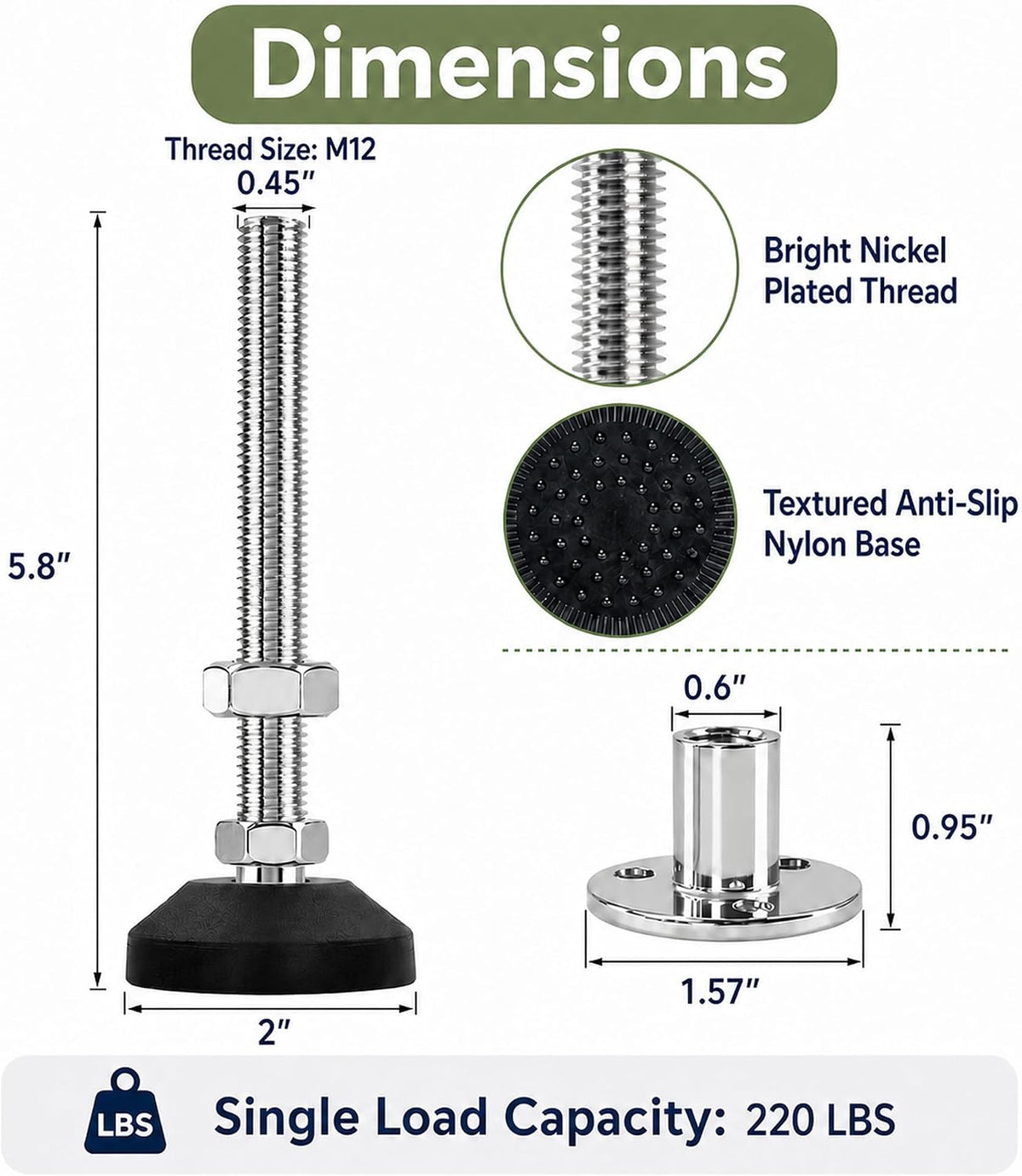 M12 Adjustable Leveling Feet, 4 Pack, 20° Swivel Base with T-Nuts