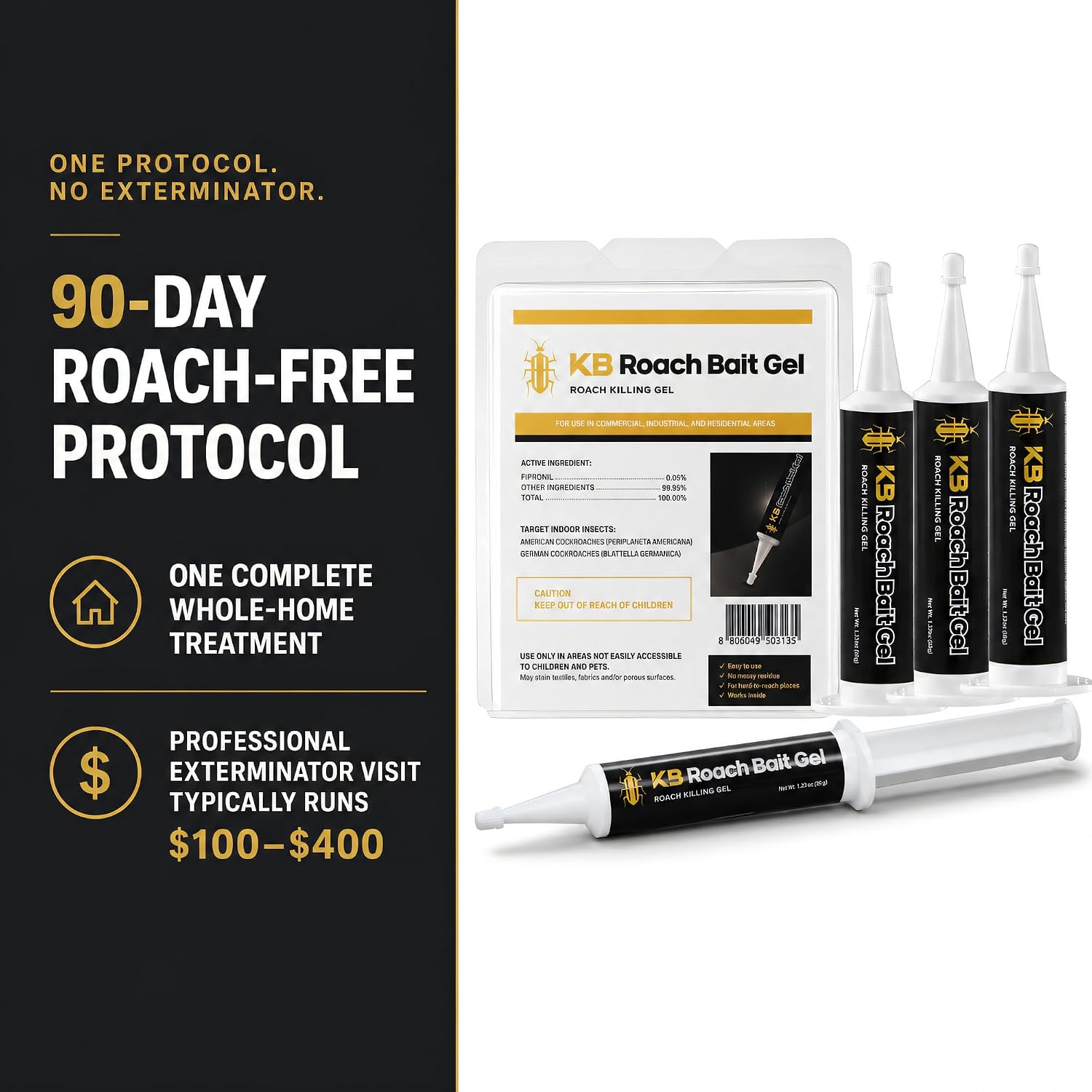 German Roach Killer Indoor Infestation for Home | 97~99% Lab-Tested Mortality in 14 Days - 0.05% Fipronil | 90-Day