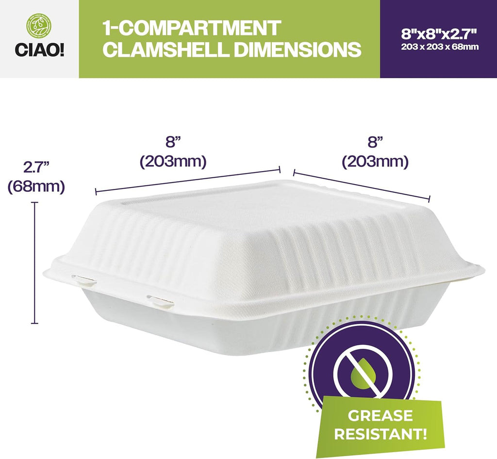 8"x8"x3" Clamshell 1 Compartment 100% Compostable Ecofriendly PFAS Free Unbleached Bagasse Natural White (200/case)