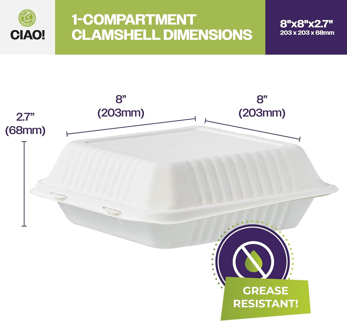 8"x8"x3" Clamshell 1 Compartment 100% Compostable Ecofriendly PFAS Free Unbleached Bagasse Natural White (200/case)