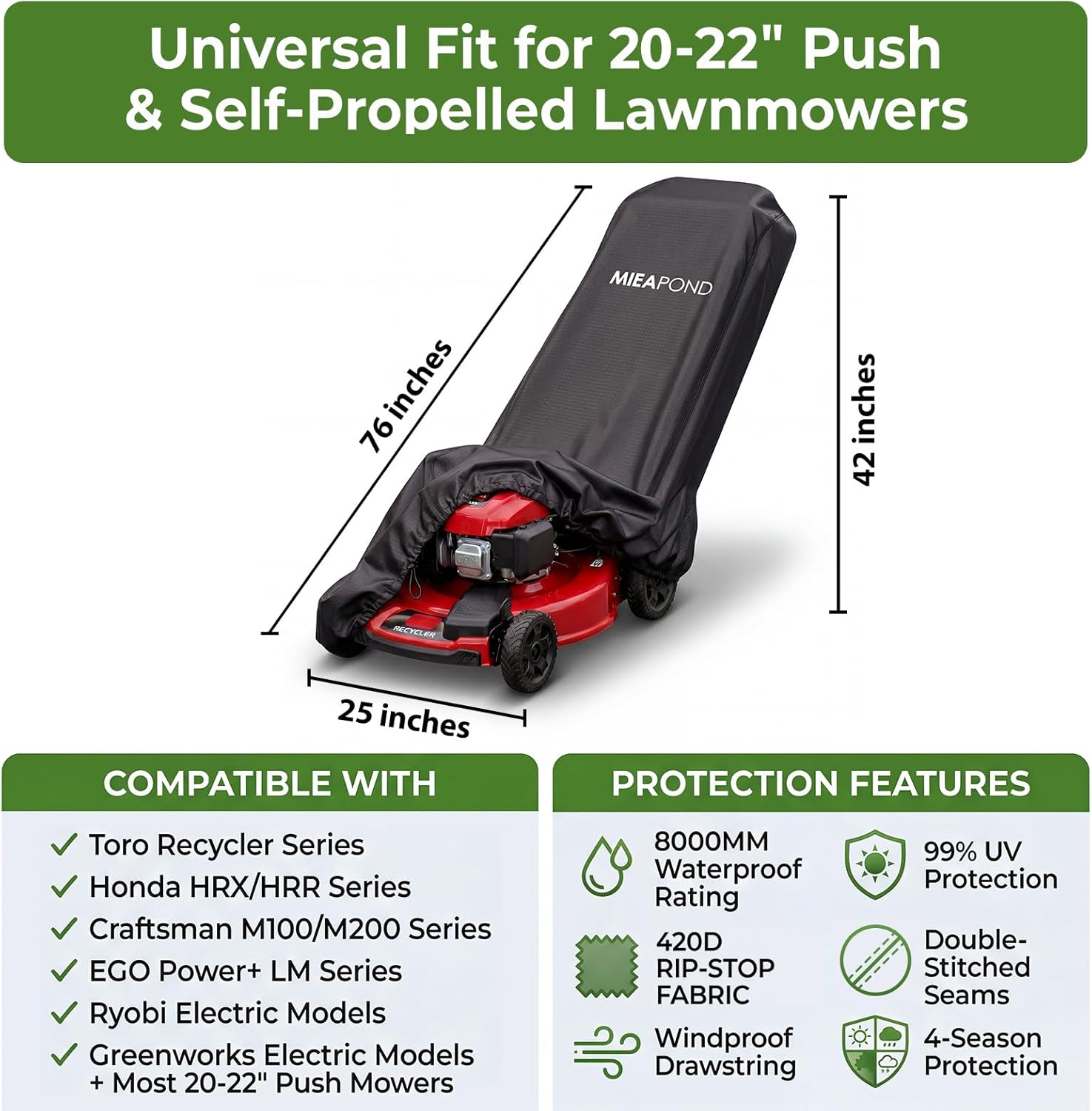 Heavy Duty Waterproof Lawn Mower Cover - Universal Fit for 20-22" Push & Self-Propelled Lawnmowers, Fits Toro Honda