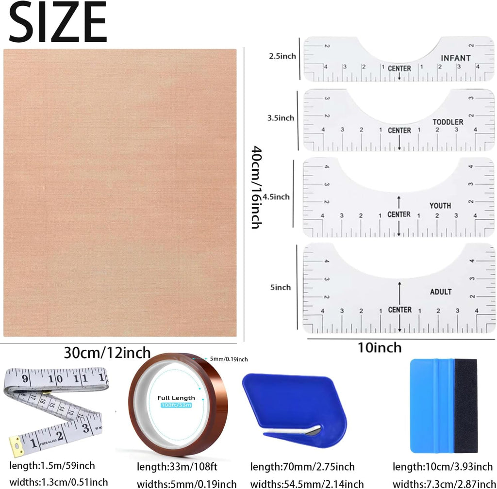 Sublimation Shirts Tool Kits - 4 T Shirt Rulers, 3 Pack Teflon Sheet for Heat Press 12 x 16in - 2 Rolls Heat