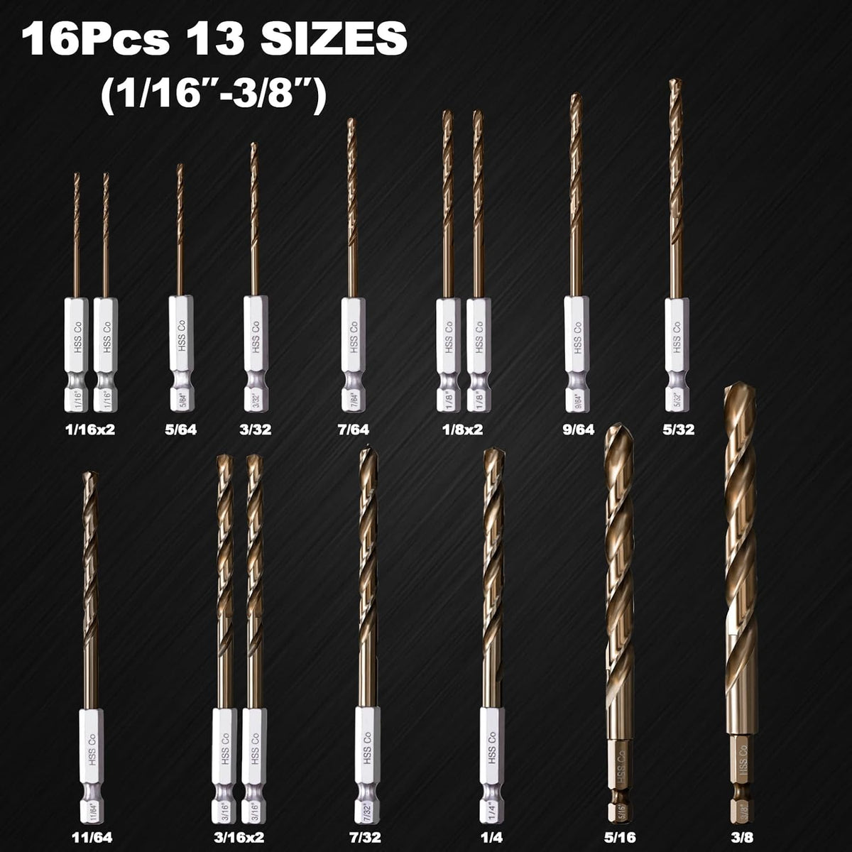 Hex Shank Cobalt Drill Bit Set for Metal & Steel,16Pcs 1/16-3/8