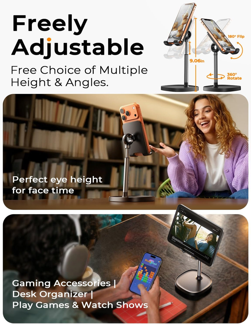 Cell Phone Stand Phone Holder for Desk Office Decor, Office Desk Accessories Women PC Gaming Essentials iPhone Stand